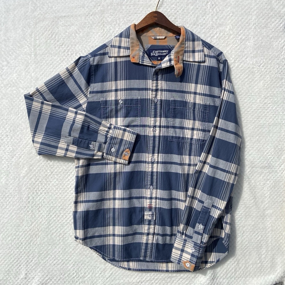 Canterbury of New Zealand Mens M Blue White Orange Check Plaid Long Sleeve Shirt